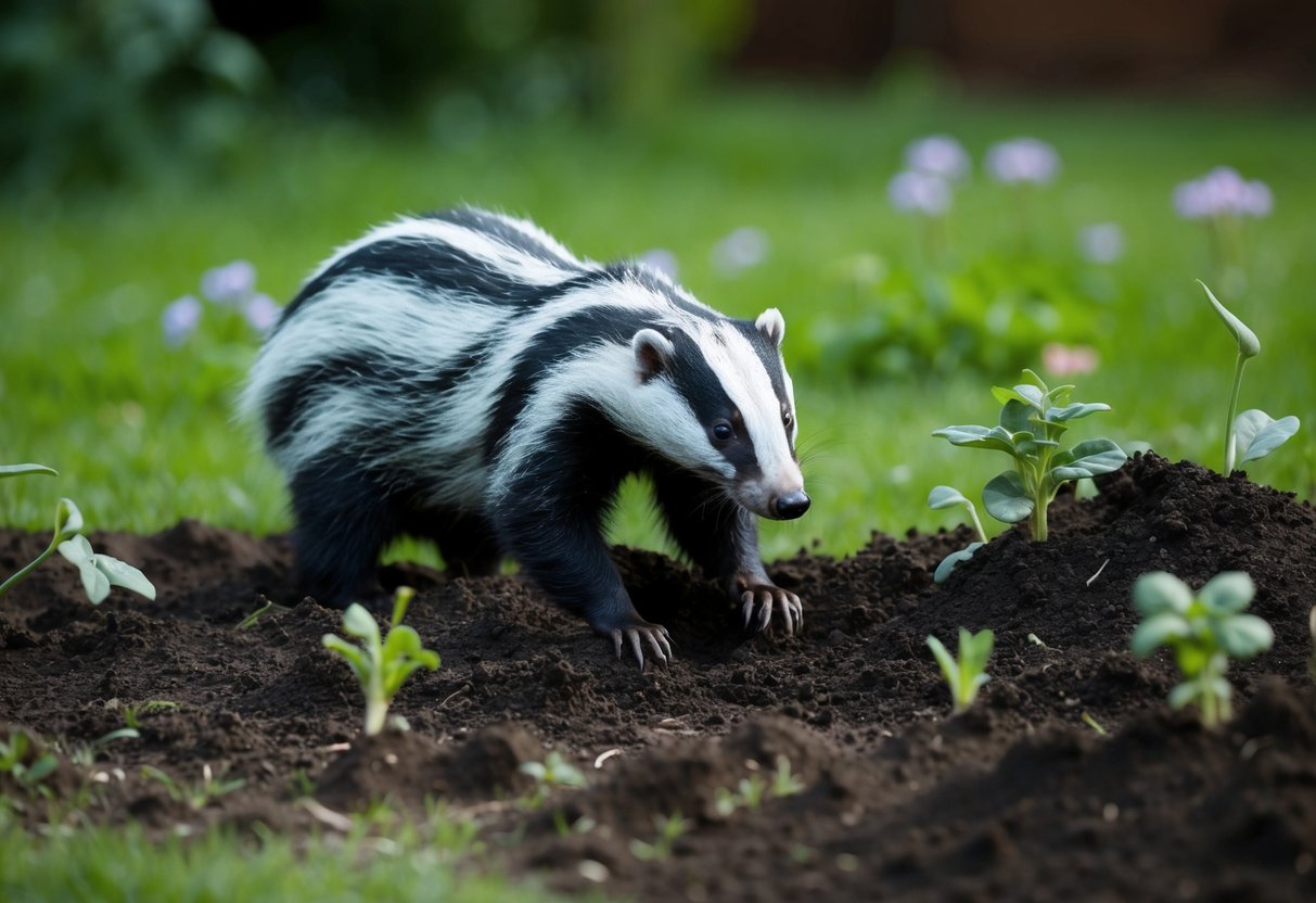 A badger digging up a garden at night, surrounded by upturned soil and scattered plants
