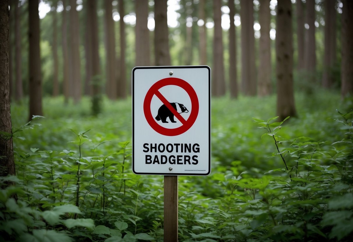 A dense English forest with a sign prohibiting shooting badgers