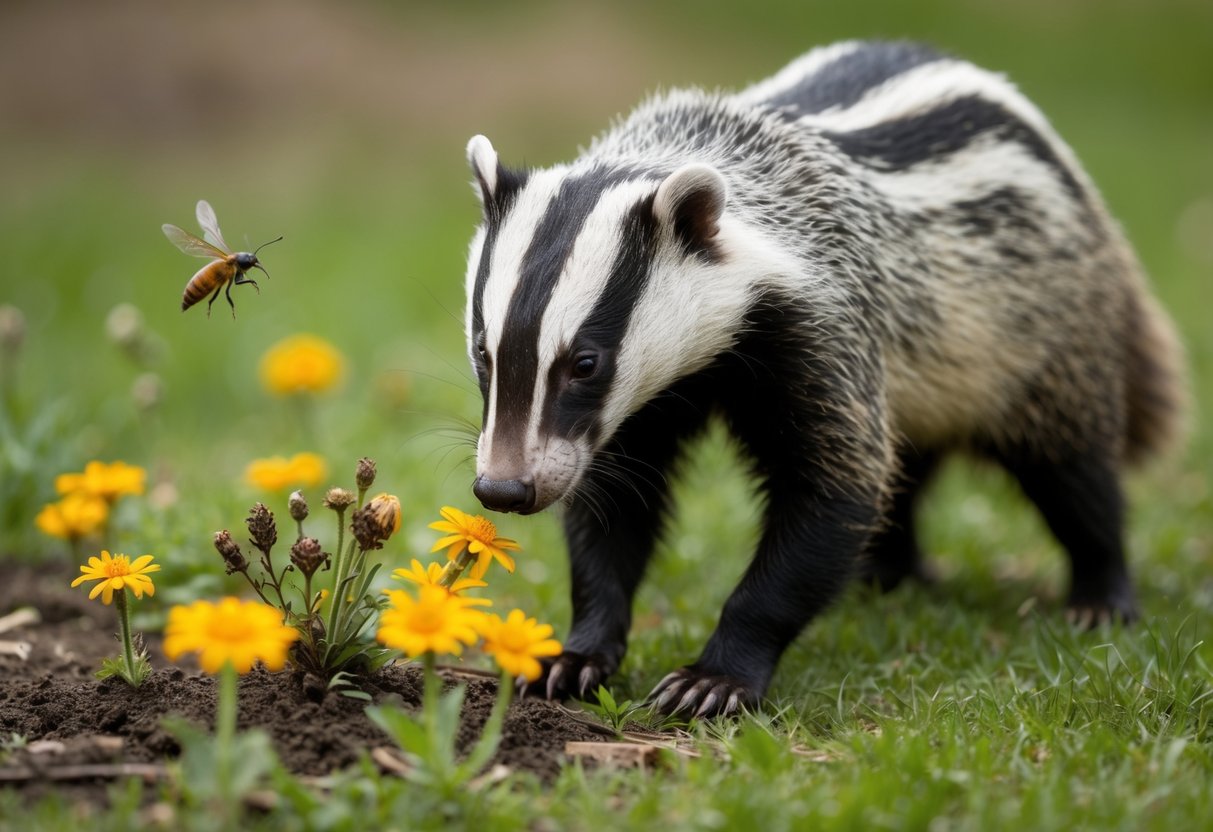A badger with a concerned expression sniffs at a patch of wilted flowers, while a small insect hovers nearby