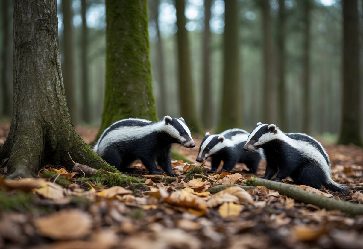 A tranquil forest clearing with a family of badgers peacefully foraging for food among the fallen leaves and moss-covered trees