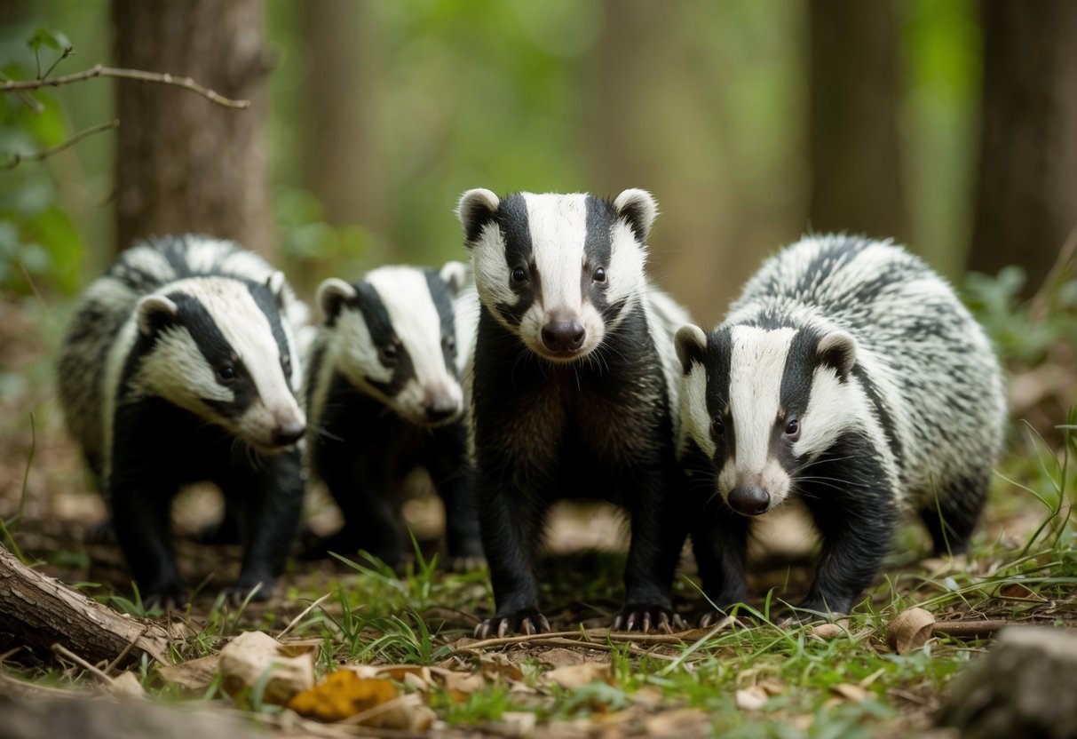 A group of badgers in a forest setting, one with visible signs of illness, surrounded by other wildlife