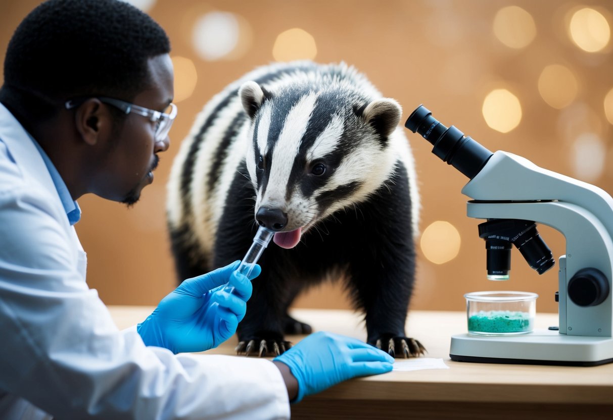 A badger with a cough stands near a tuberculosis bacteria while a scientist observes with a microscope