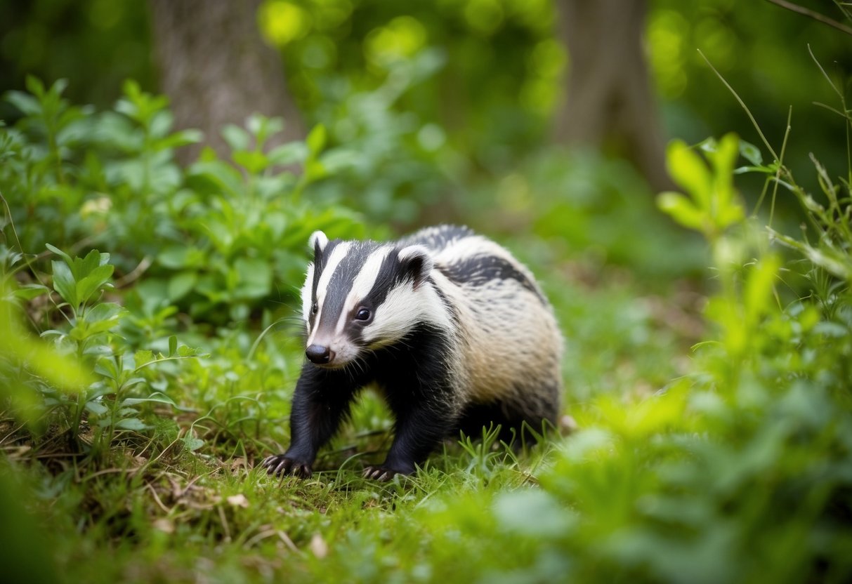 A badger peacefully foraging in a lush English woodland, surrounded by vibrant greenery and wildlife