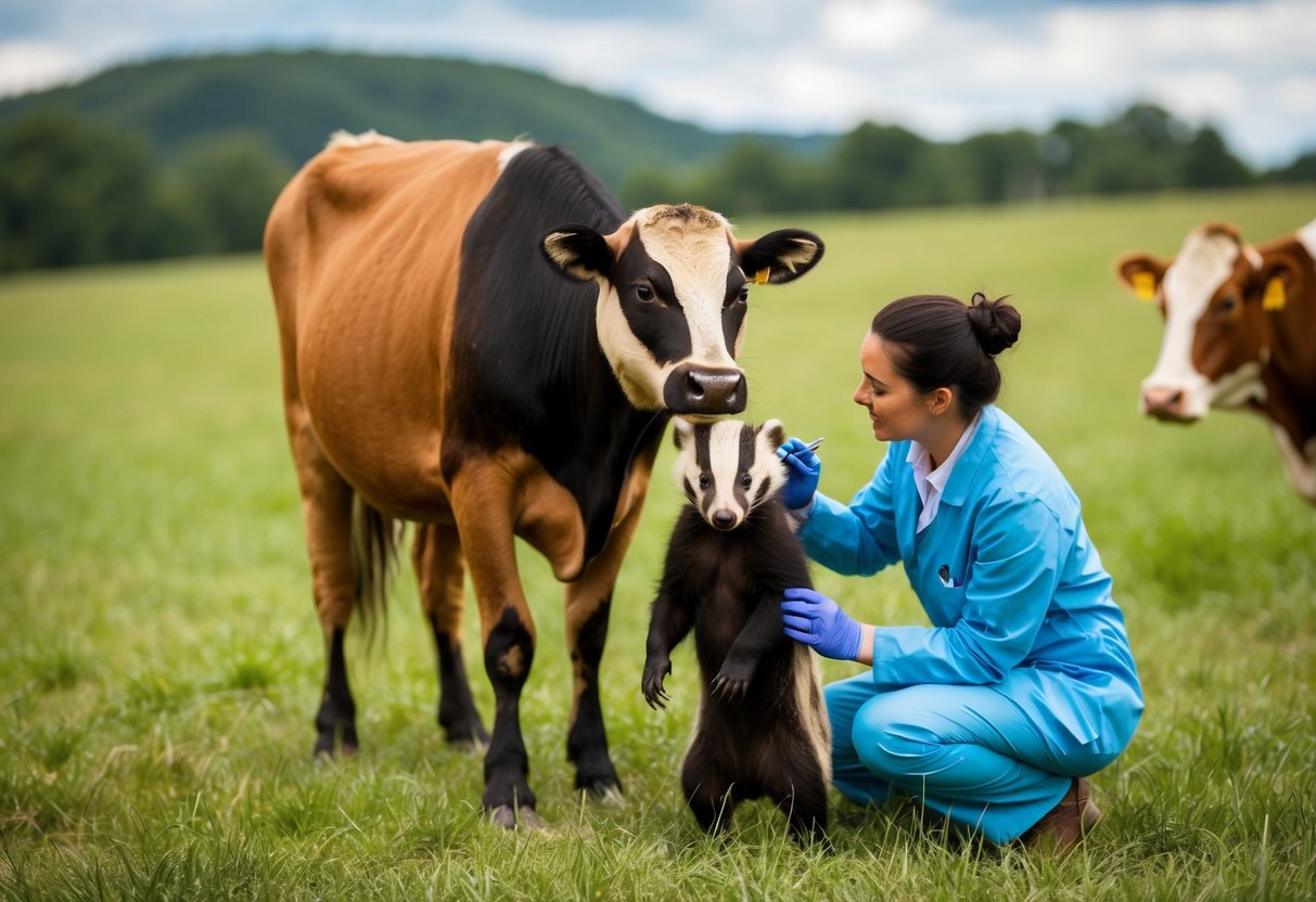 A badger and a cow stand in a grassy field, with a veterinarian examining the cow for signs of infection