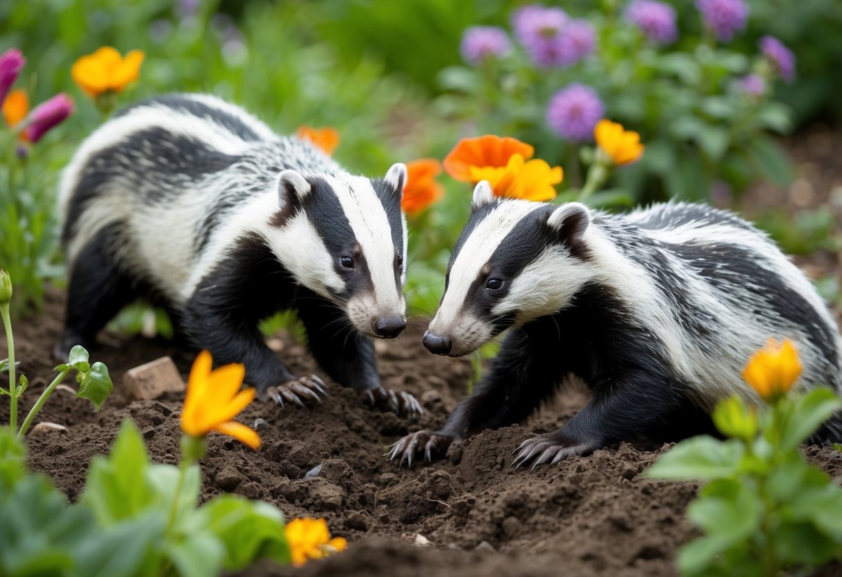 Badgers digging up a garden, causing damage to plants and flowers