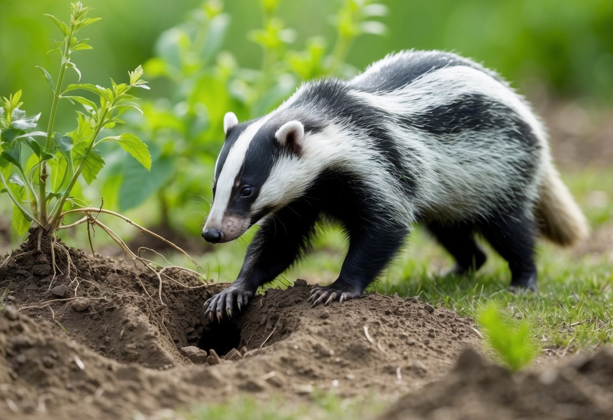 A badger digging up the ground, disrupting the roots of plants and creating holes in the natural habitat