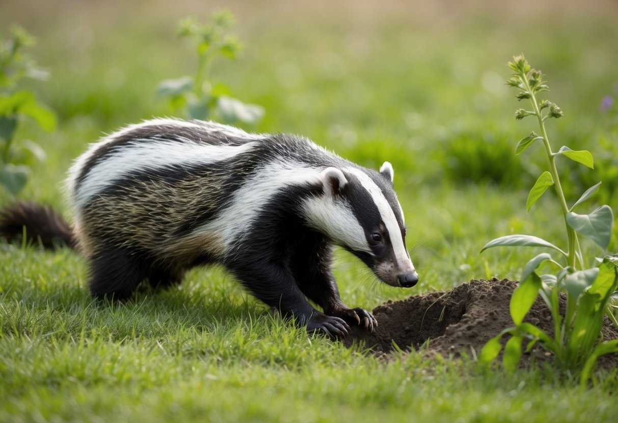 A badger digs furiously in a grassy field, uprooting plants and creating large holes in the ground