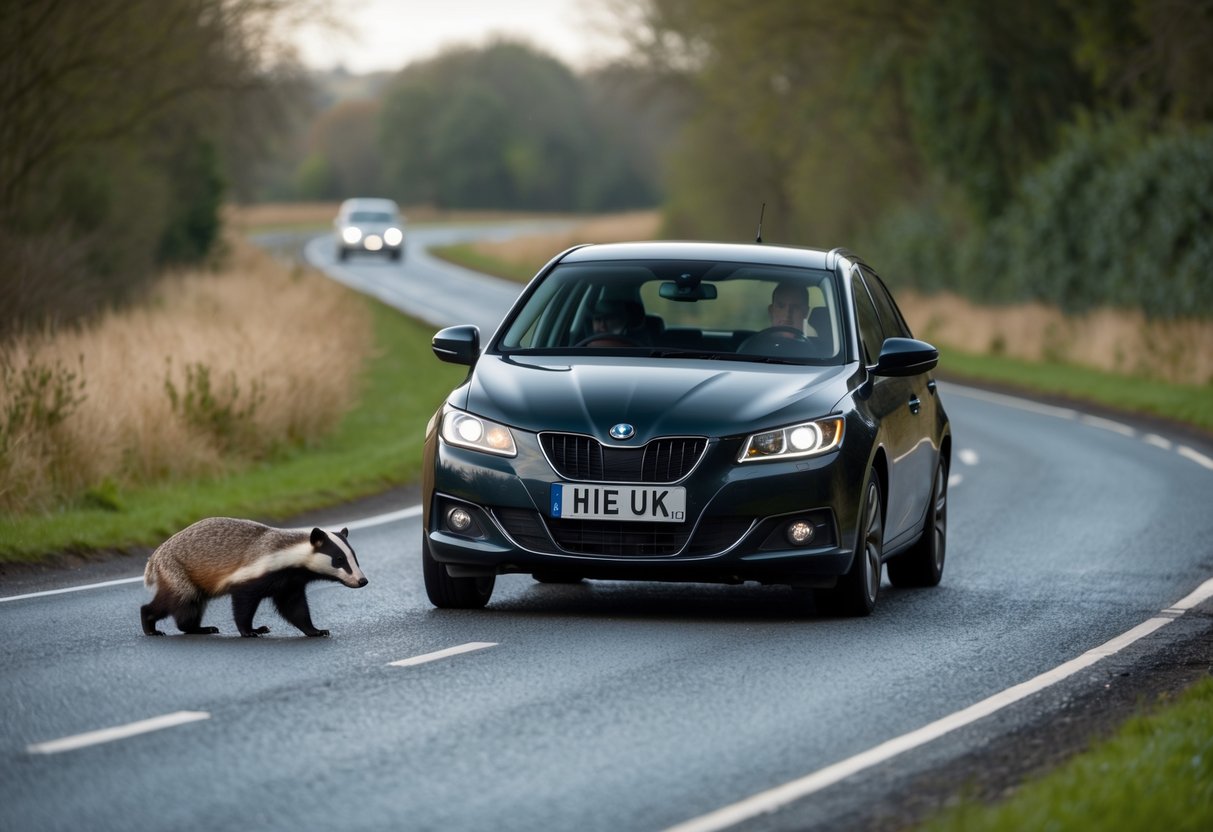 A car swerves to avoid a badger on a country road in the UK