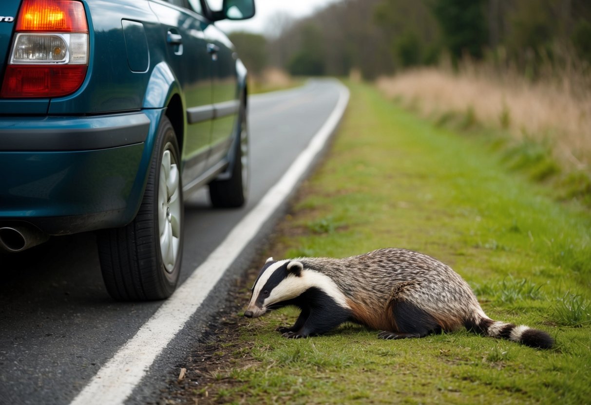 A car stopped on a country road, a badger lying injured on the ground, the driver making a phone call for help