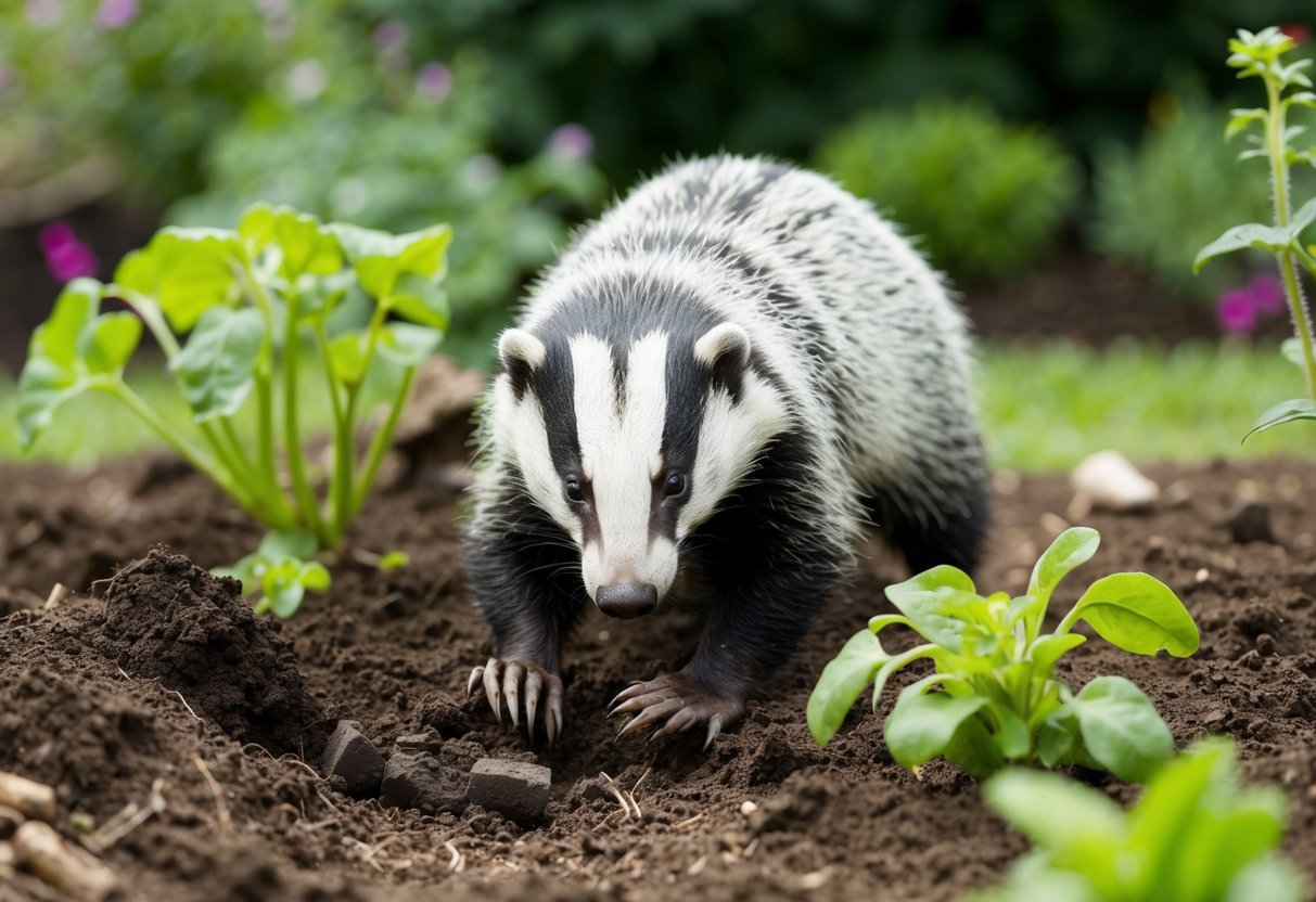 A badger digging up a garden, surrounded by upturned soil and damaged plants