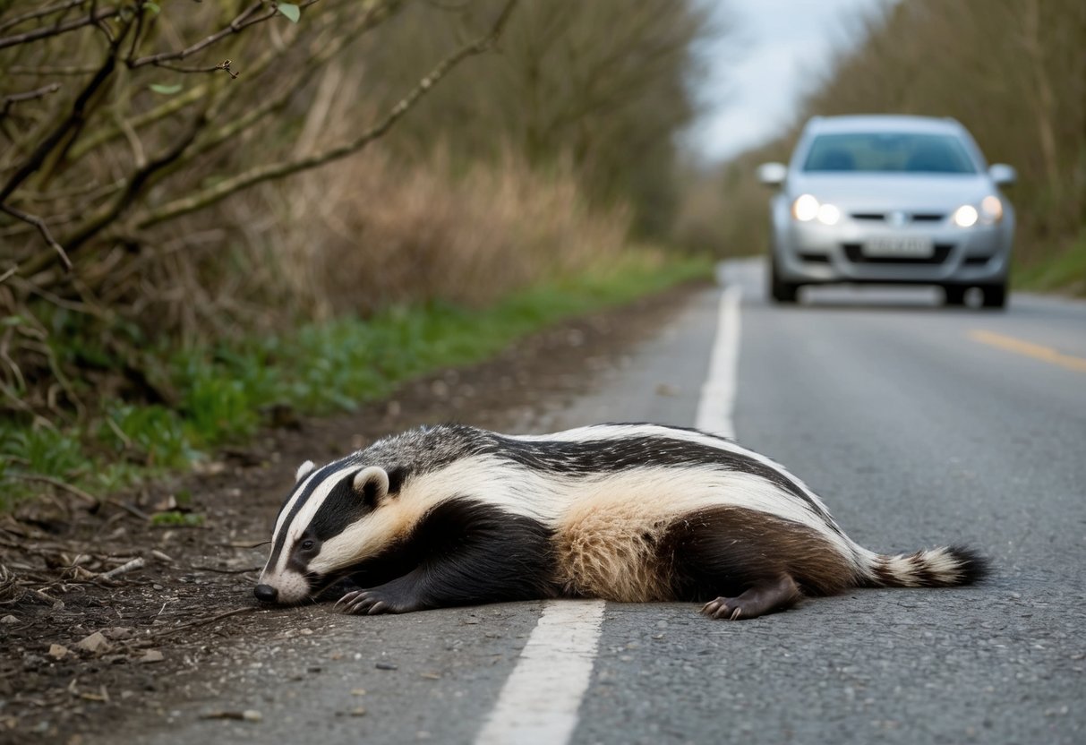 A badger lying injured on a rural road, surrounded by trees and bushes, with a car stopped nearby