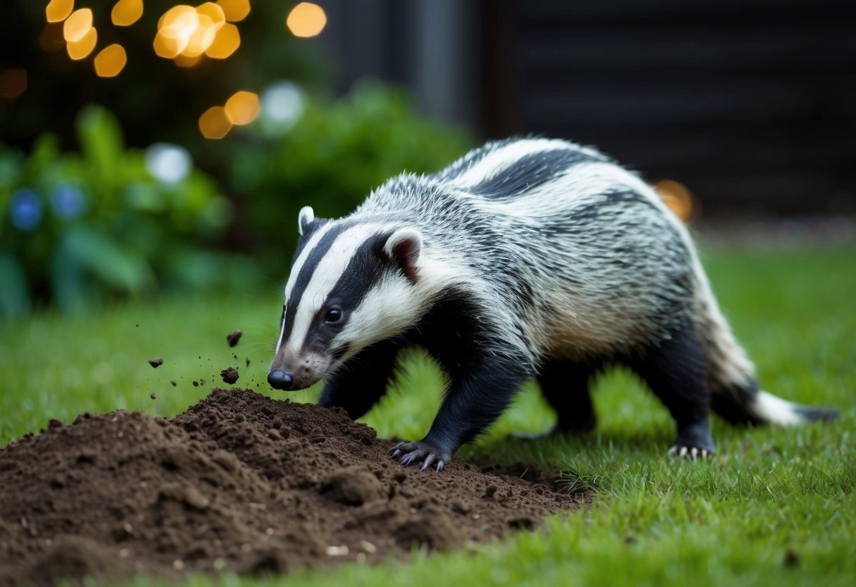 A badger digging up a garden at night