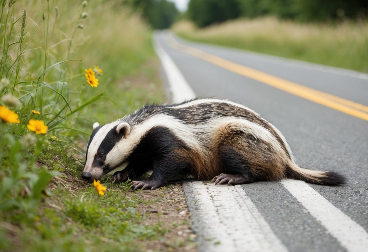 A badger lies injured on the side of a country road, surrounded by grass and wildflowers. Its fur is matted and bloodied, and it appears to be in pain