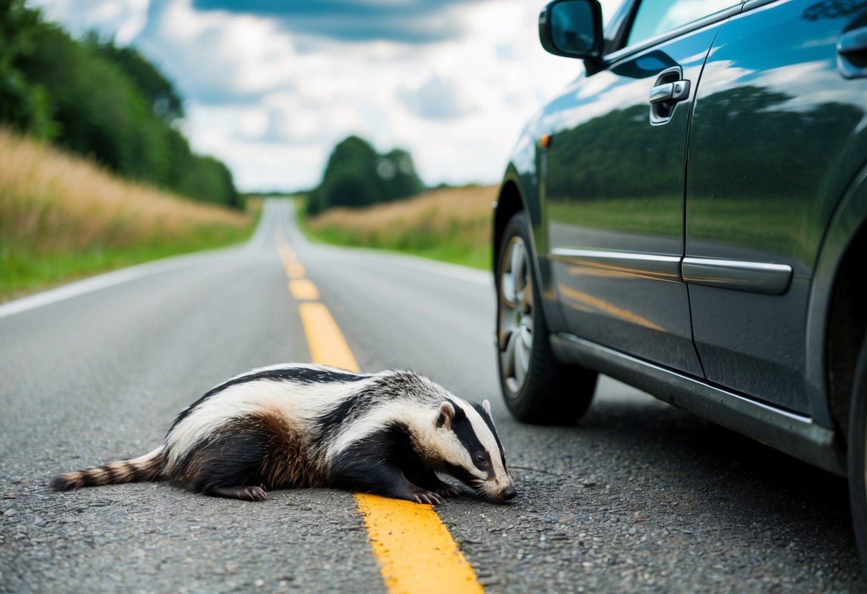 A car on a country road, with a badger lying injured on the side