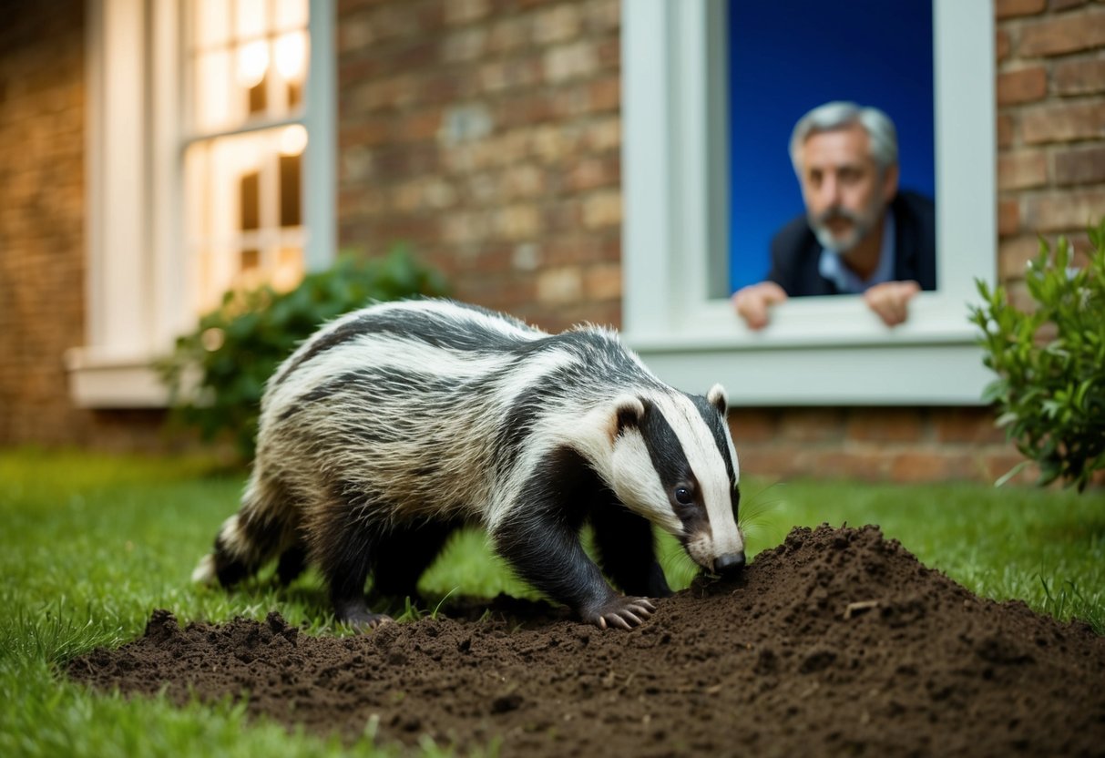 A badger digging up a garden at night, while a frustrated homeowner looks on from a window
