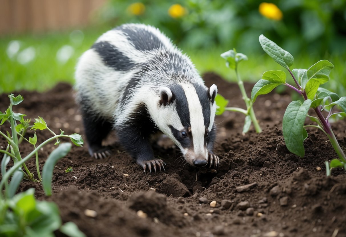 A badger digging up a garden, surrounded by torn plants and overturned soil