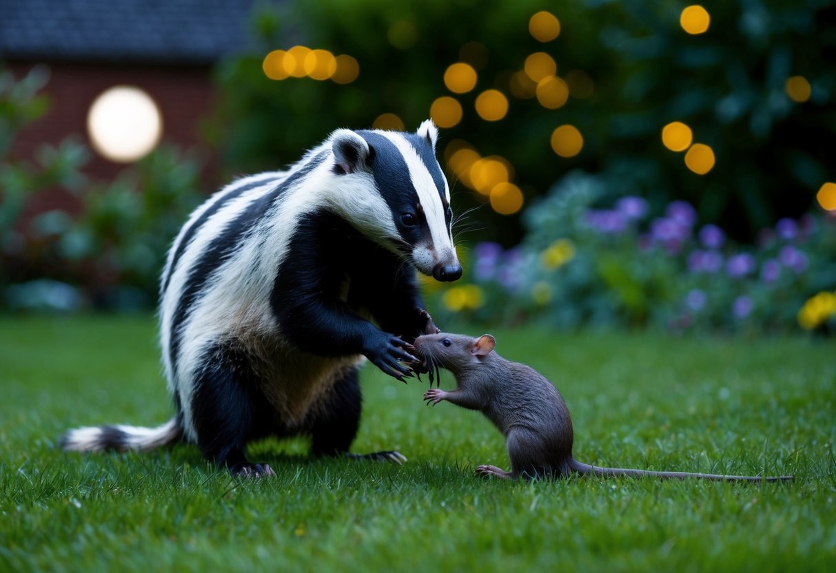 A badger snatches a rat in a moonlit garden
