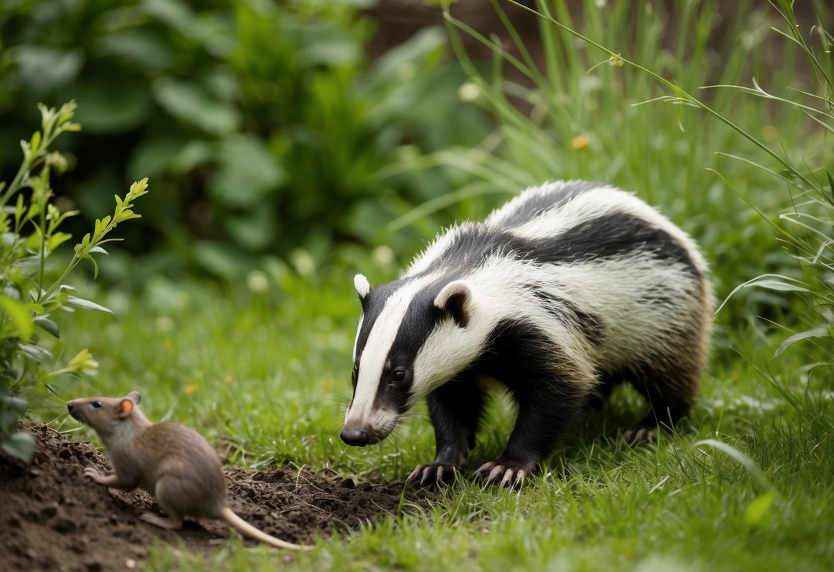 A badger sniffs around the garden, its sharp claws digging into the earth as it hunts for rats among the overgrown grass and bushes