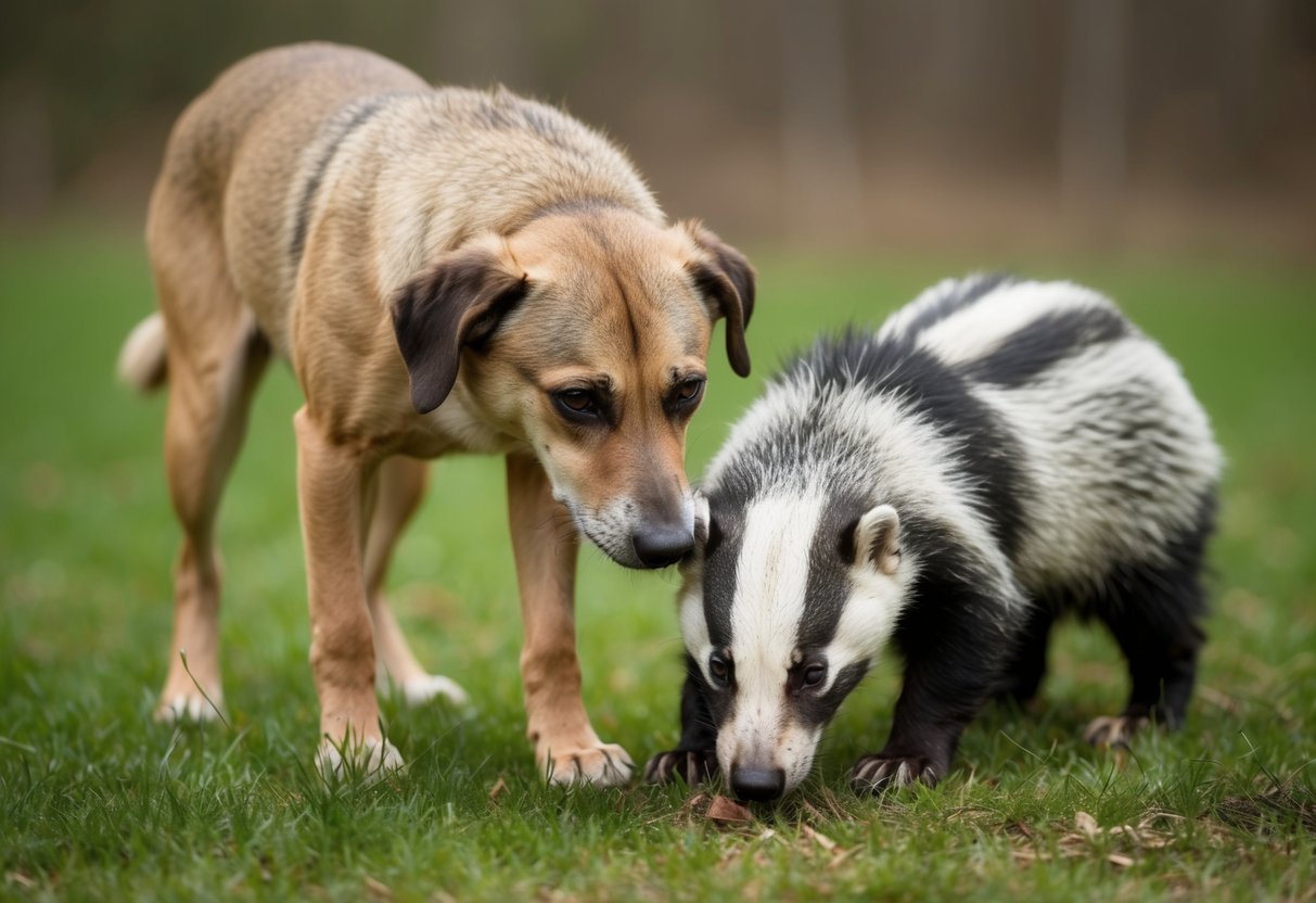 A dog sniffs a badger carcass, looking ill