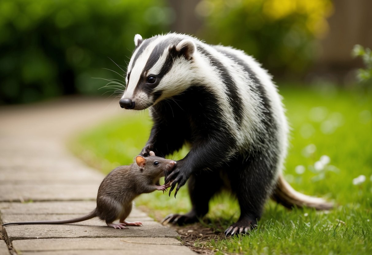 A badger snatches a rat from a garden, its sharp claws digging into the ground as it pounces