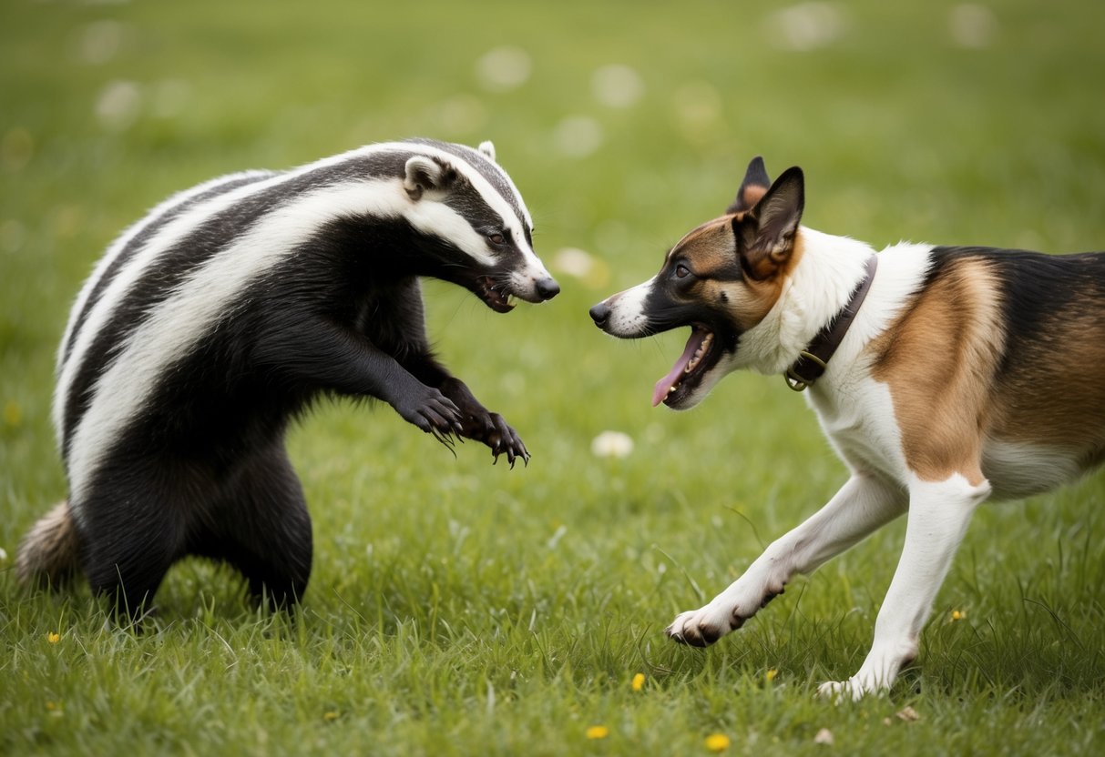 Two animals face off in a grassy clearing: a badger snarls defensively, while a dog barks and lunges forward