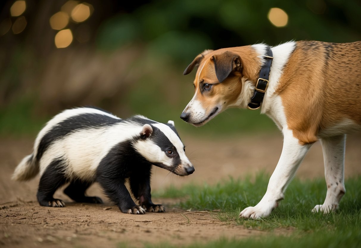 A dog sniffs cautiously at a badger's den, while the badger watches warily from a safe distance