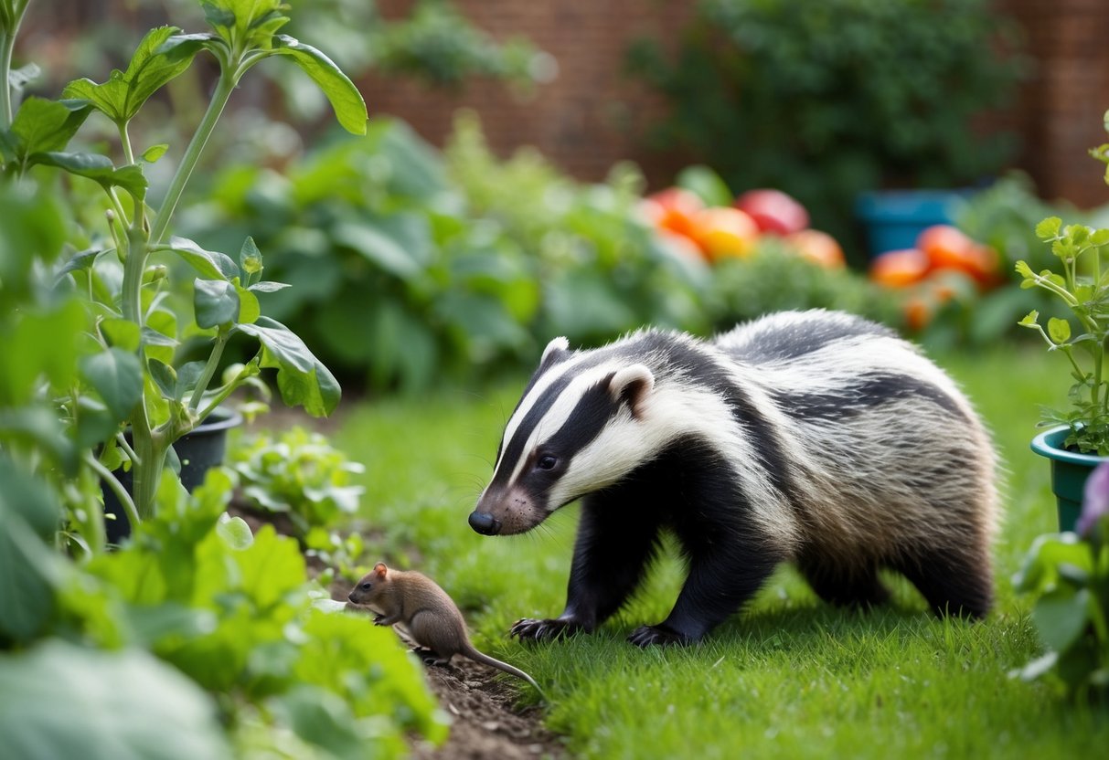 A badger sniffs around a garden, searching for rats among the plants and vegetables
