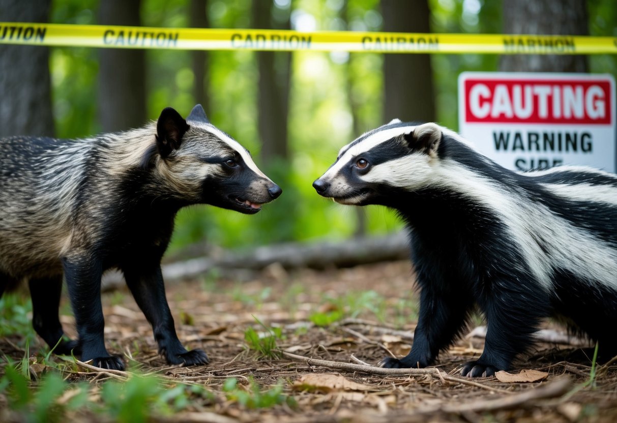 A dog and a badger facing each other in a forest clearing, with caution tape and warning signs in the background