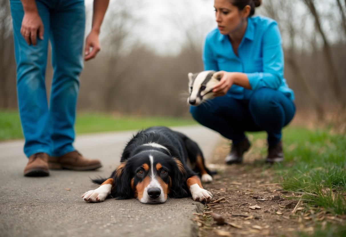 A dog lying on the ground, looking sick, with a concerned owner looking at a badger in the distance