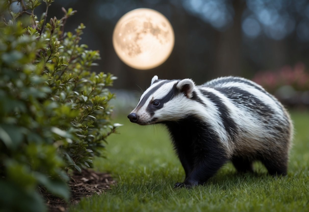 A badger emerges from the bushes into a moonlit garden