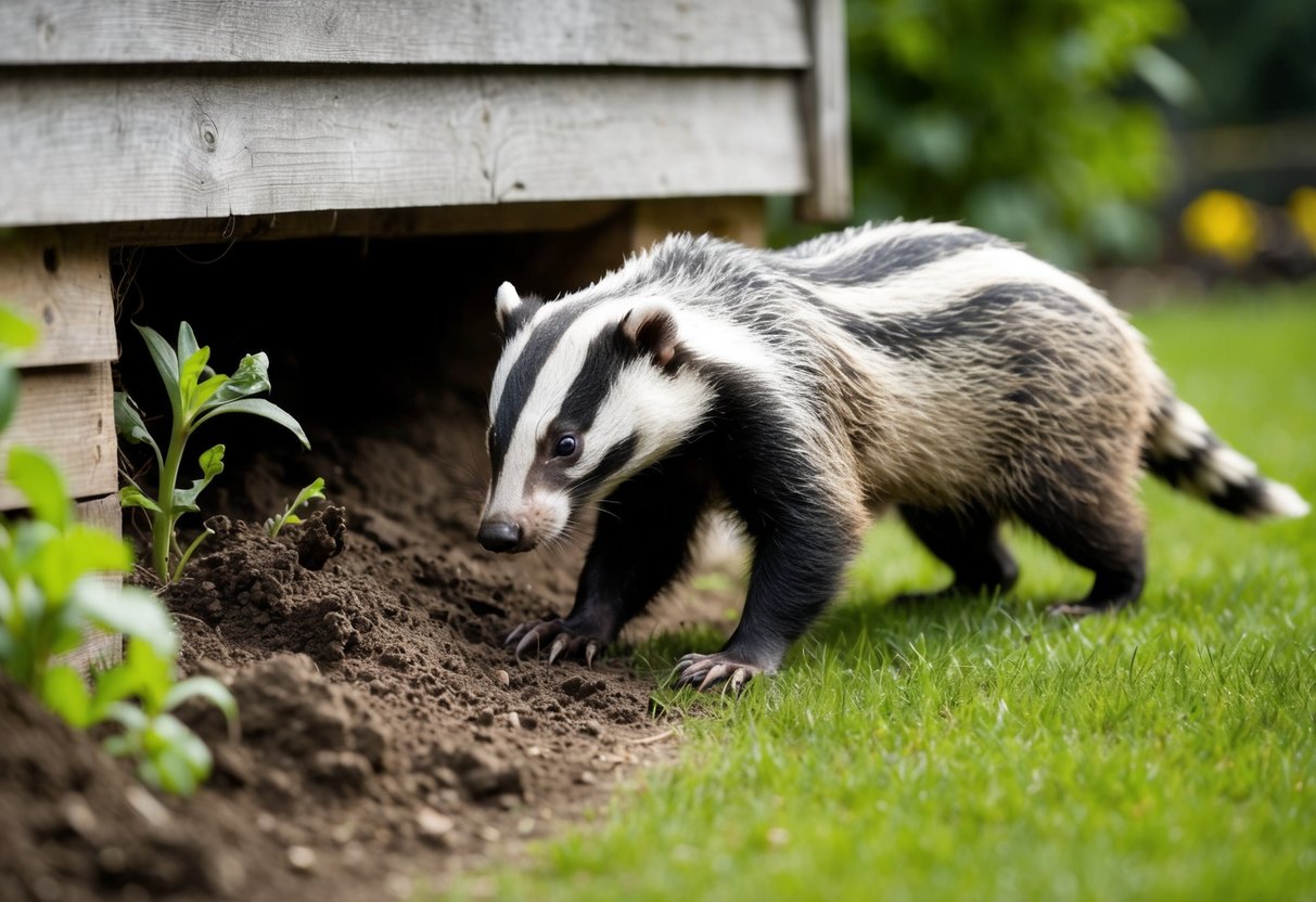 A badger emerges from a burrow beneath a garden shed, its sharp claws digging into the soil as it forages for grubs and other insects, leaving behind a trail of upturned earth and damaged plants