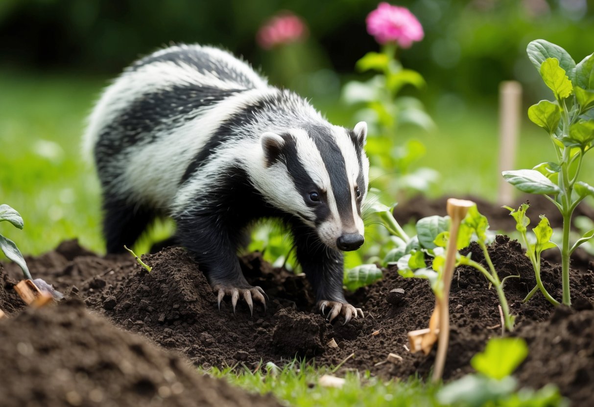 A badger digging up a garden, surrounded by upturned soil and damaged plants