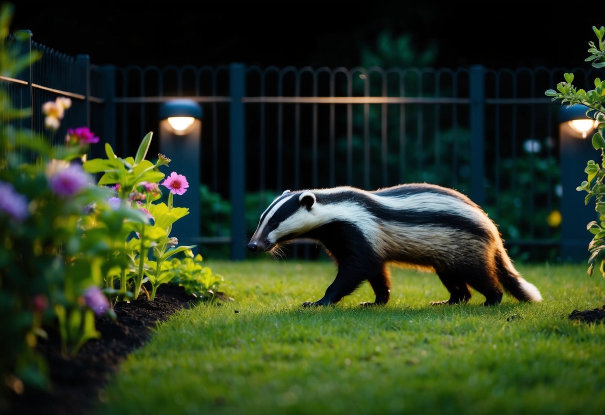 A badger patrols a garden at night, sniffing around the plants and flowers, while a fence and motion-activated lights protect the perimeter
