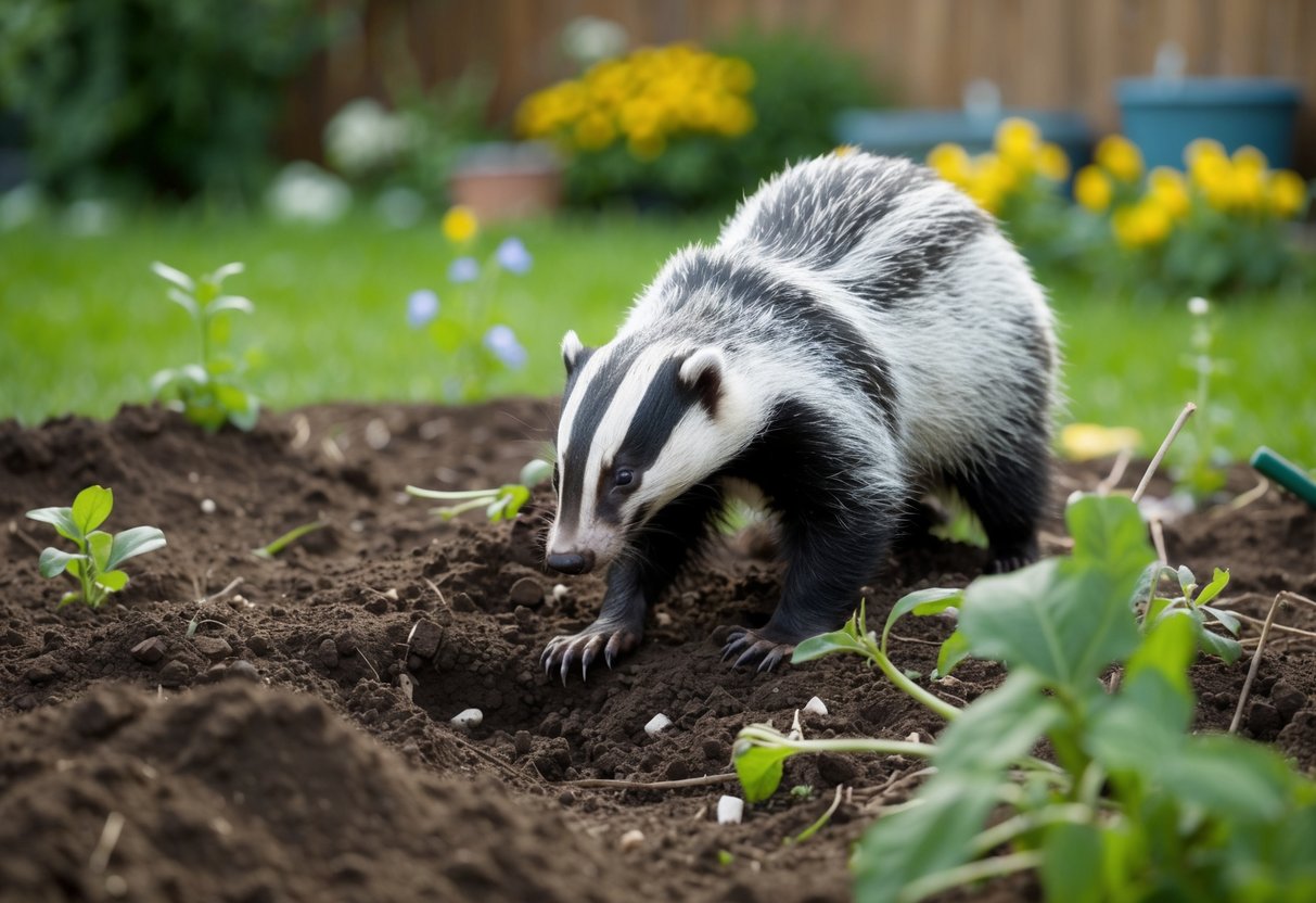 A badger digging up a garden in the UK, surrounded by upturned soil and scattered plants
