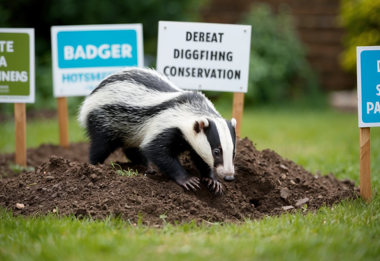 A badger digging up a garden, surrounded by debate and conservation signs