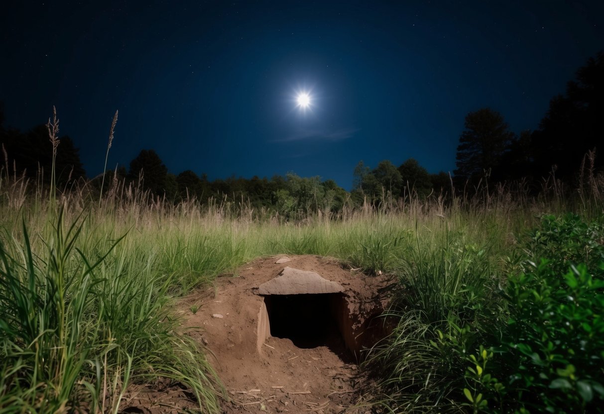 A moonlit forest clearing with a burrow entrance, surrounded by tall grass and bushes. The sky is dark, with the stars shining brightly overhead