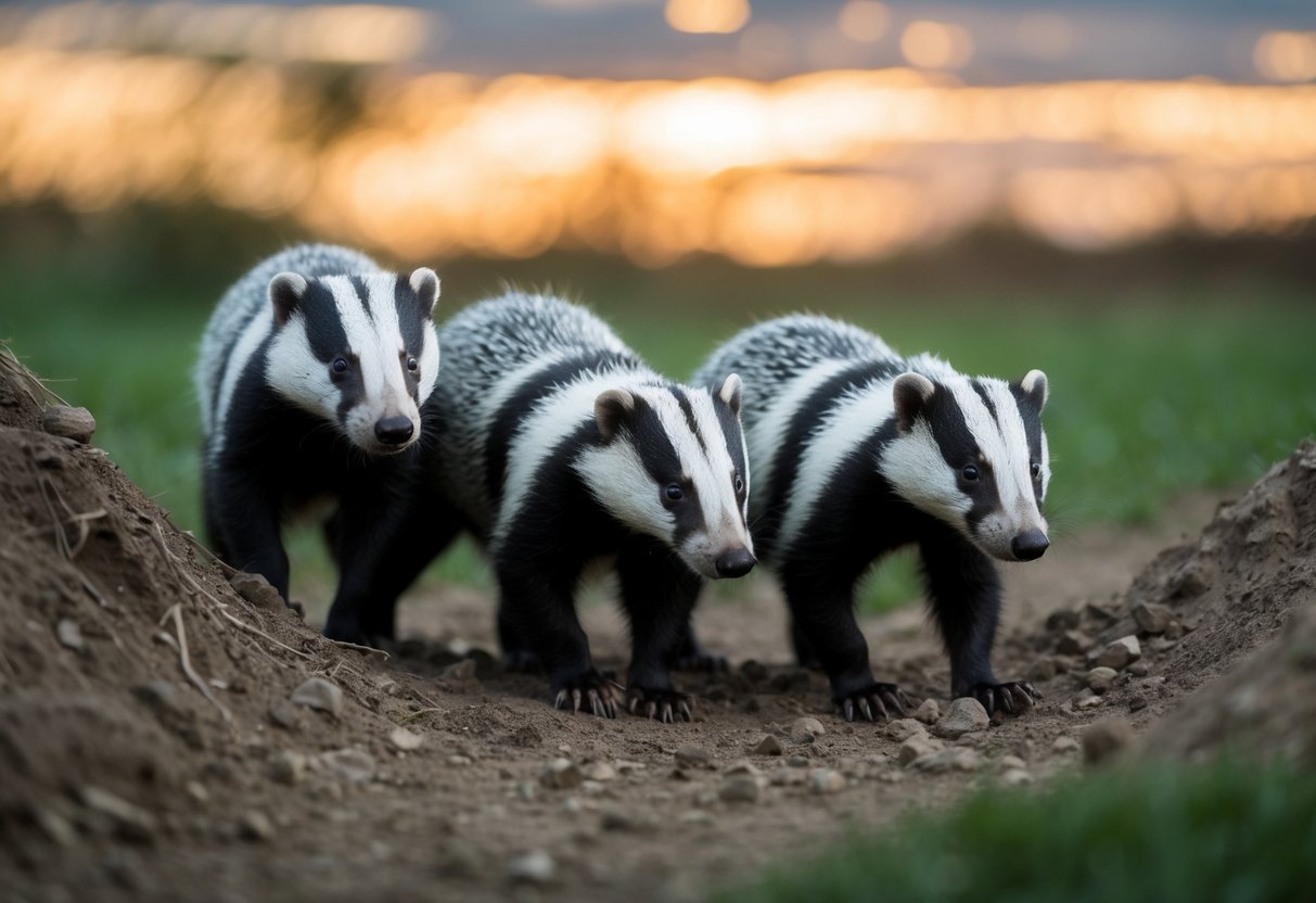 A group of badgers emerges from their burrow at dusk, foraging for food in the dimming light of the evening