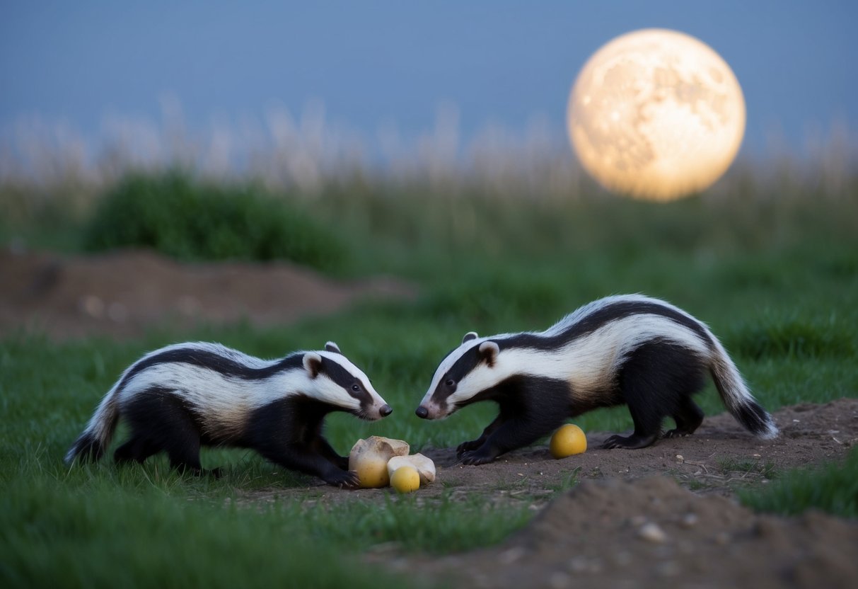 Badgers emerge from their burrows at dusk, foraging for food and socializing under the moonlit sky