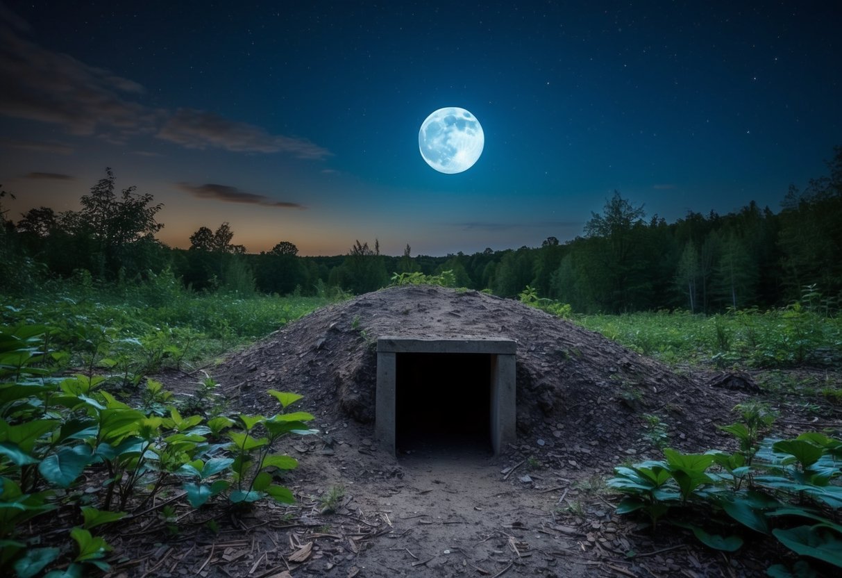 A moonlit forest clearing with a burrow entrance and surrounding foliage, as the sky darkens and the first stars appear