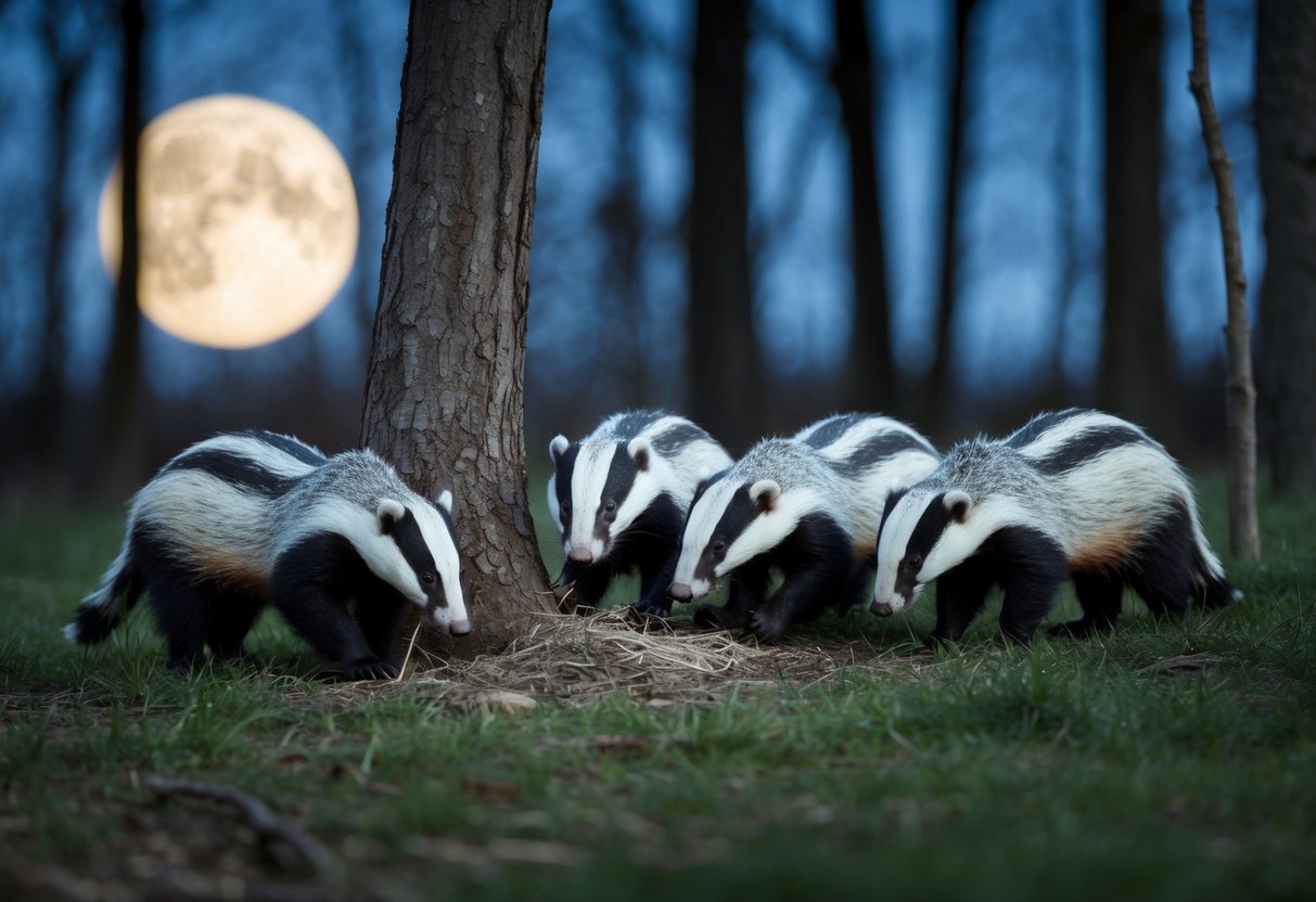 A group of badgers emerges from their burrow at dusk, foraging for food in the moonlit forest