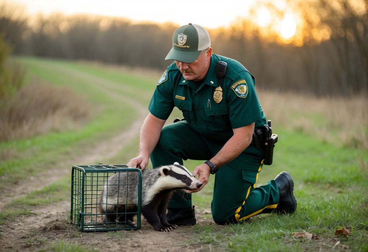 A wildlife officer setting up a legal badger trap in a rural area