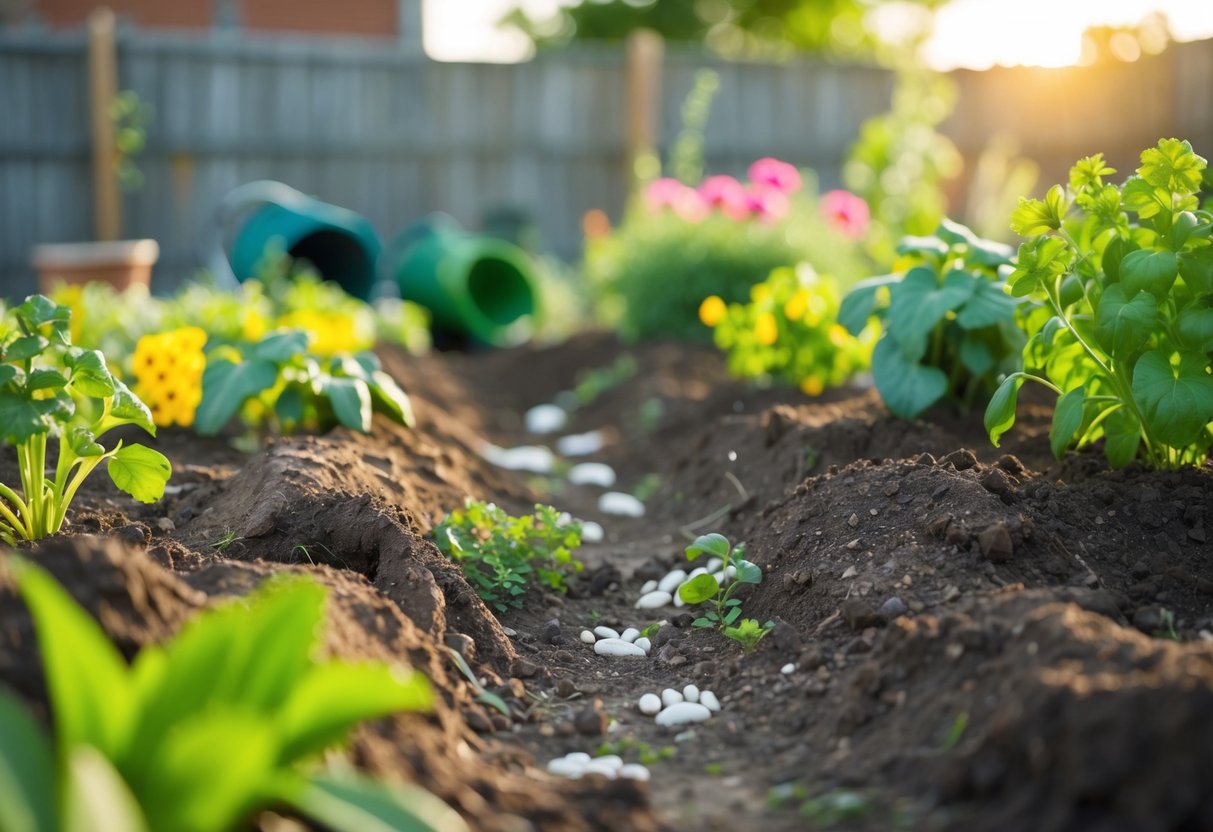 A garden with freshly dug earth, overturned plants, and scattered paw prints