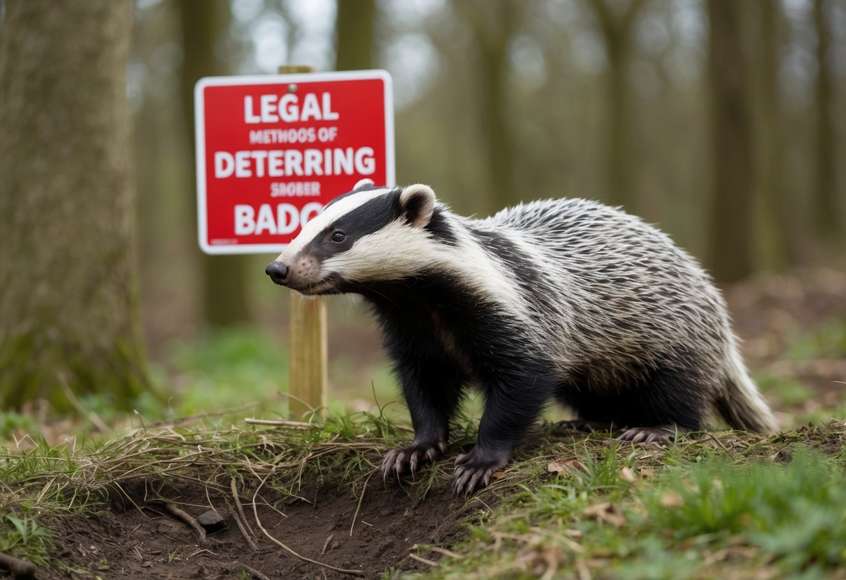 A badger sett in a wooded area, with signs indicating legal methods of deterring badgers