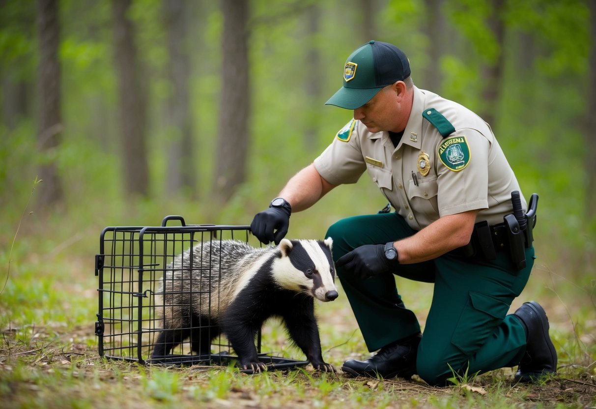 A wildlife officer setting up a humane badger trap in a wooded area