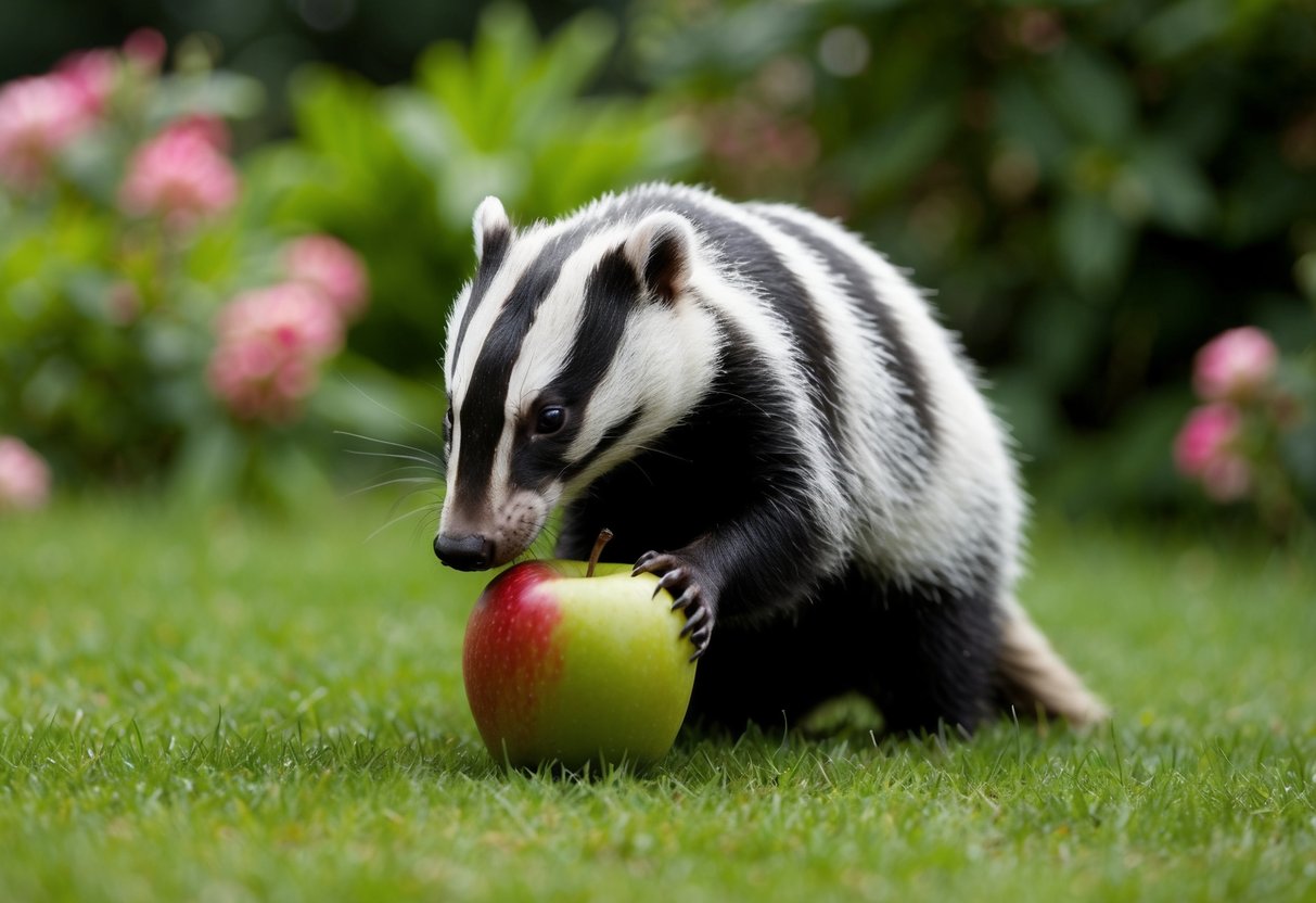 A badger sniffs at a fallen apple in a lush garden
