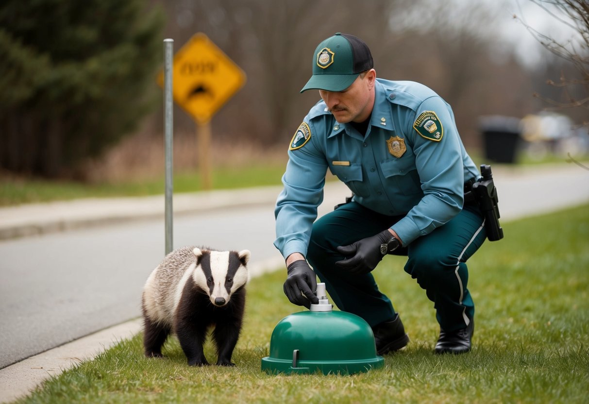 A wildlife officer setting up a non-lethal badger deterrent near a residential area