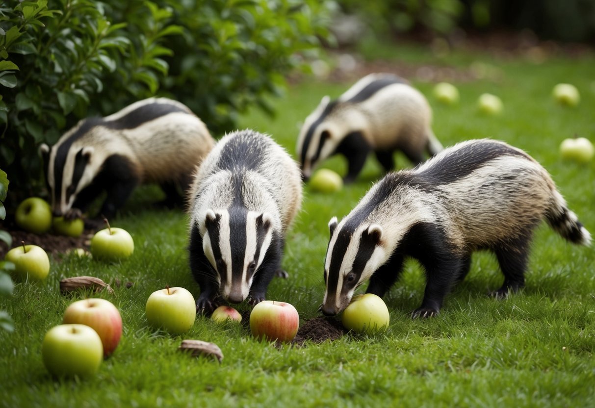 A group of badgers foraging in a lush garden, some nibbling on fallen apples while others dig for grubs in the soil
