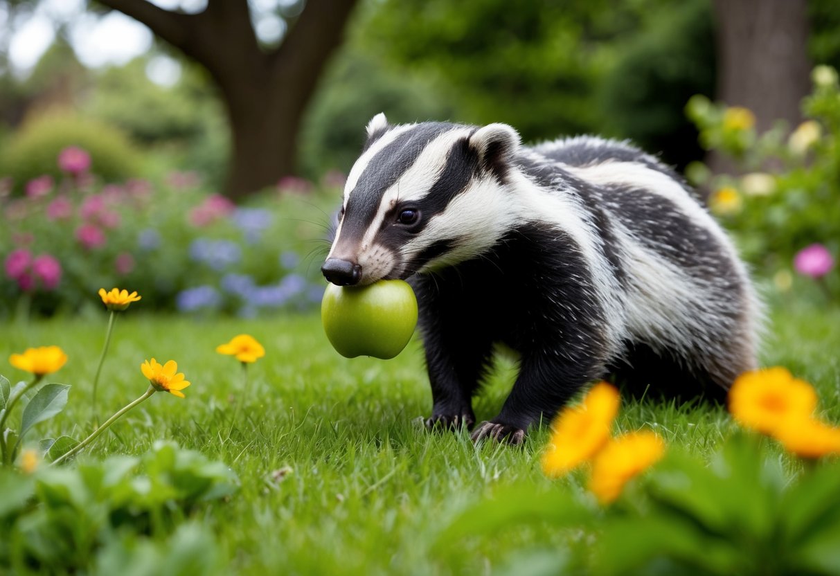 A badger sniffs an apple in a lush garden, surrounded by trees and flowers