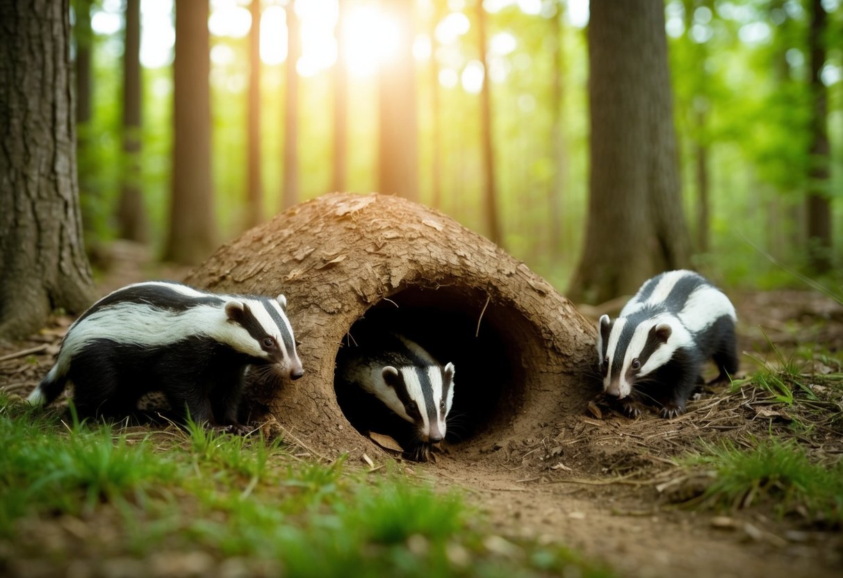 A burrow entrance in a forest clearing, with sunlight filtering through the trees and a few badgers emerging and sniffing the air