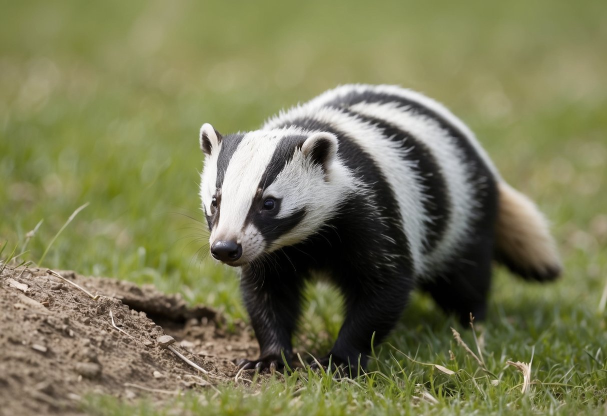 An American badger emerges from its burrow, sniffing the air before heading out to forage in the open grasslands